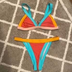 SHEIN bikini, size small, pink, orange, and blue in color, double lined